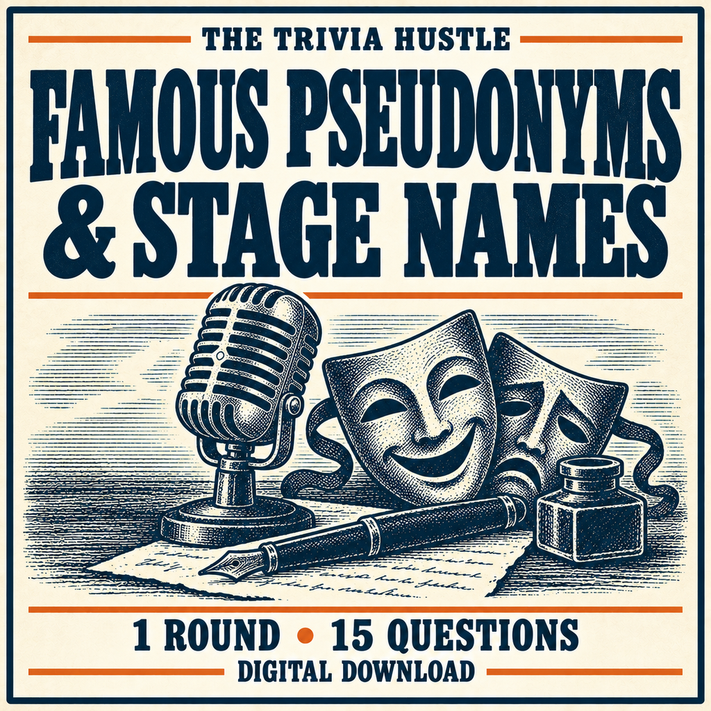 The Trivia Hustle Archive Round: Famous Pseudonyms & Stage Names — matching illustrated cover