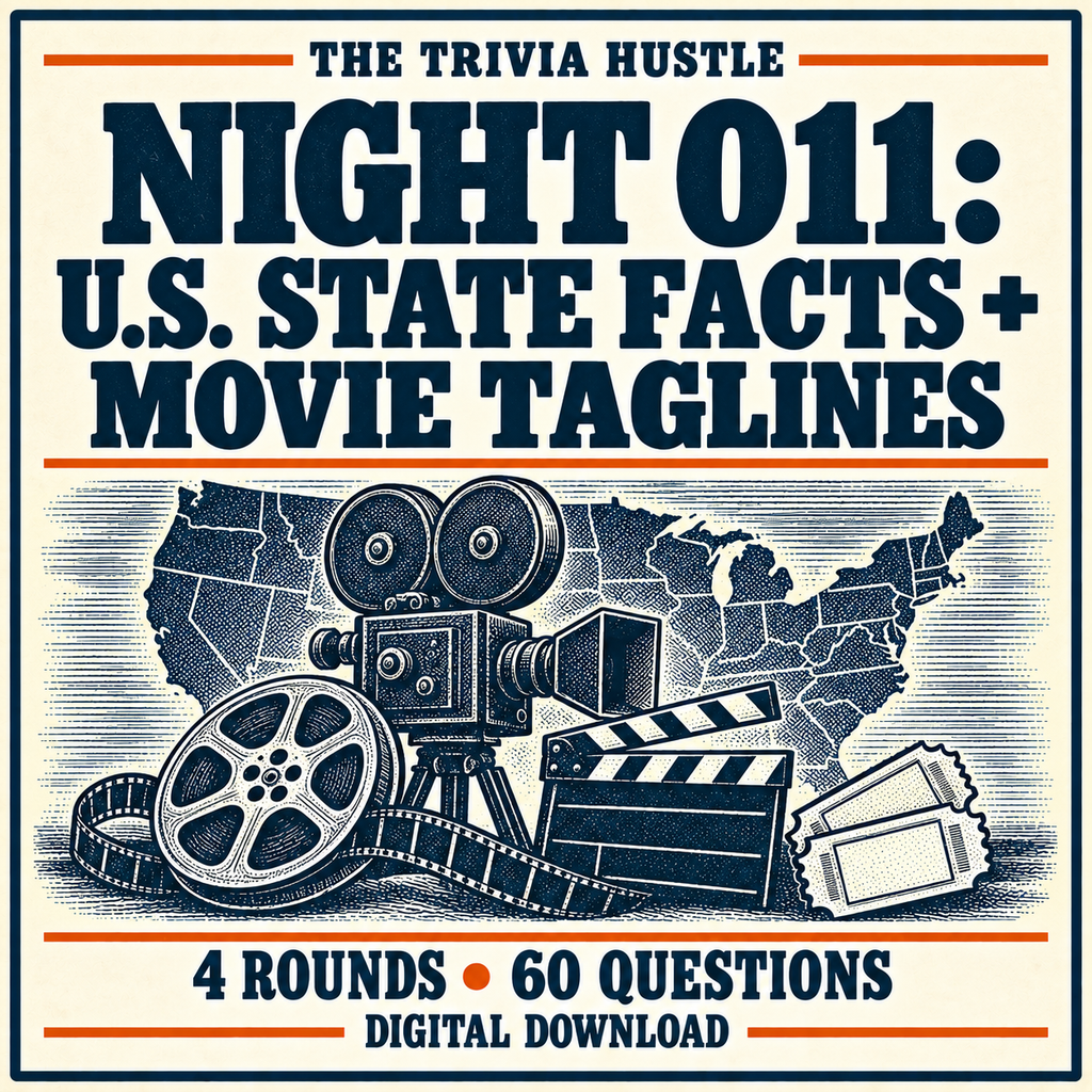 The Trivia Hustle Night 011: U.S. State Facts + Movie Taglines — 4 rounds • 60 questions.