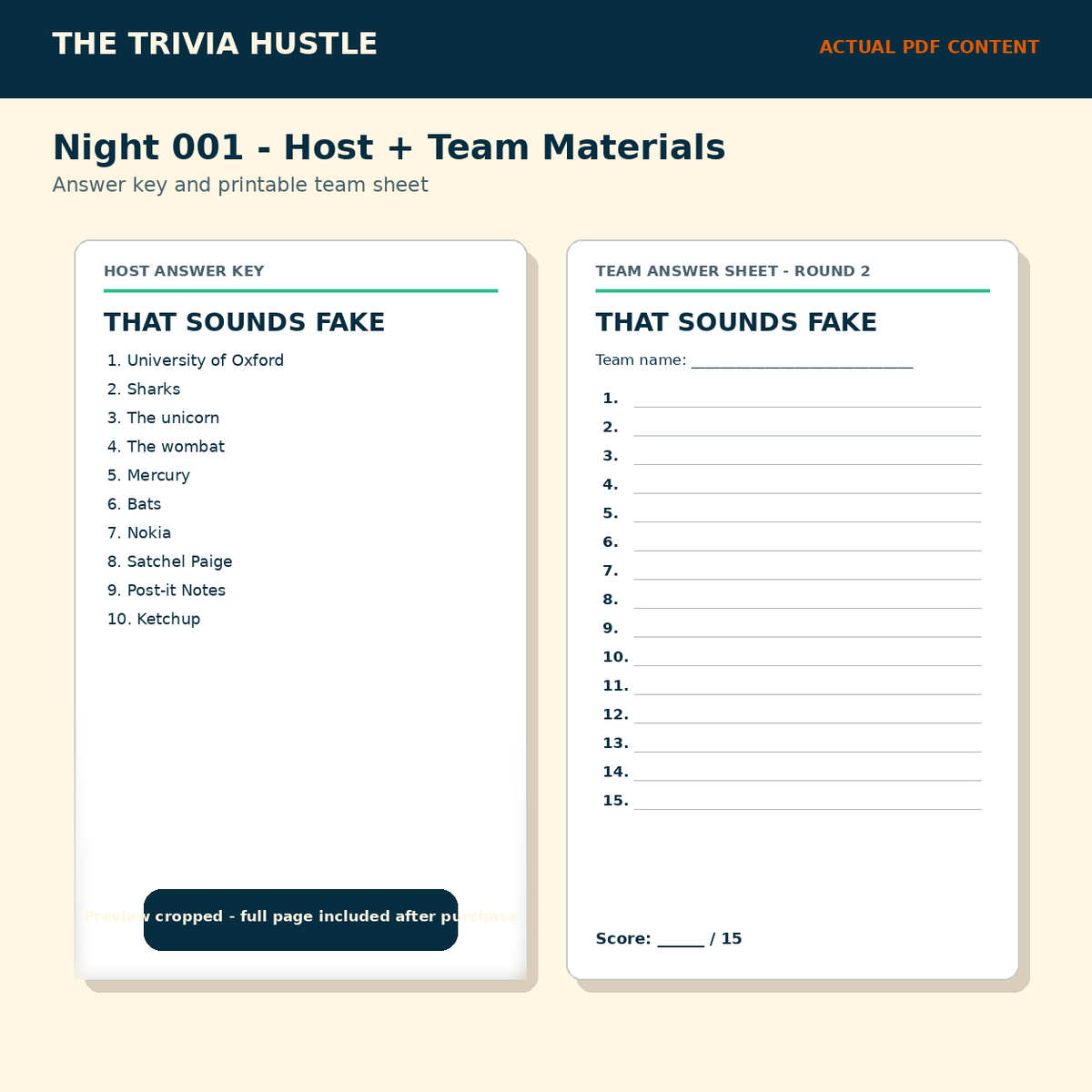 Night 001 actual PDF content preview — answer key and printable team sheet
