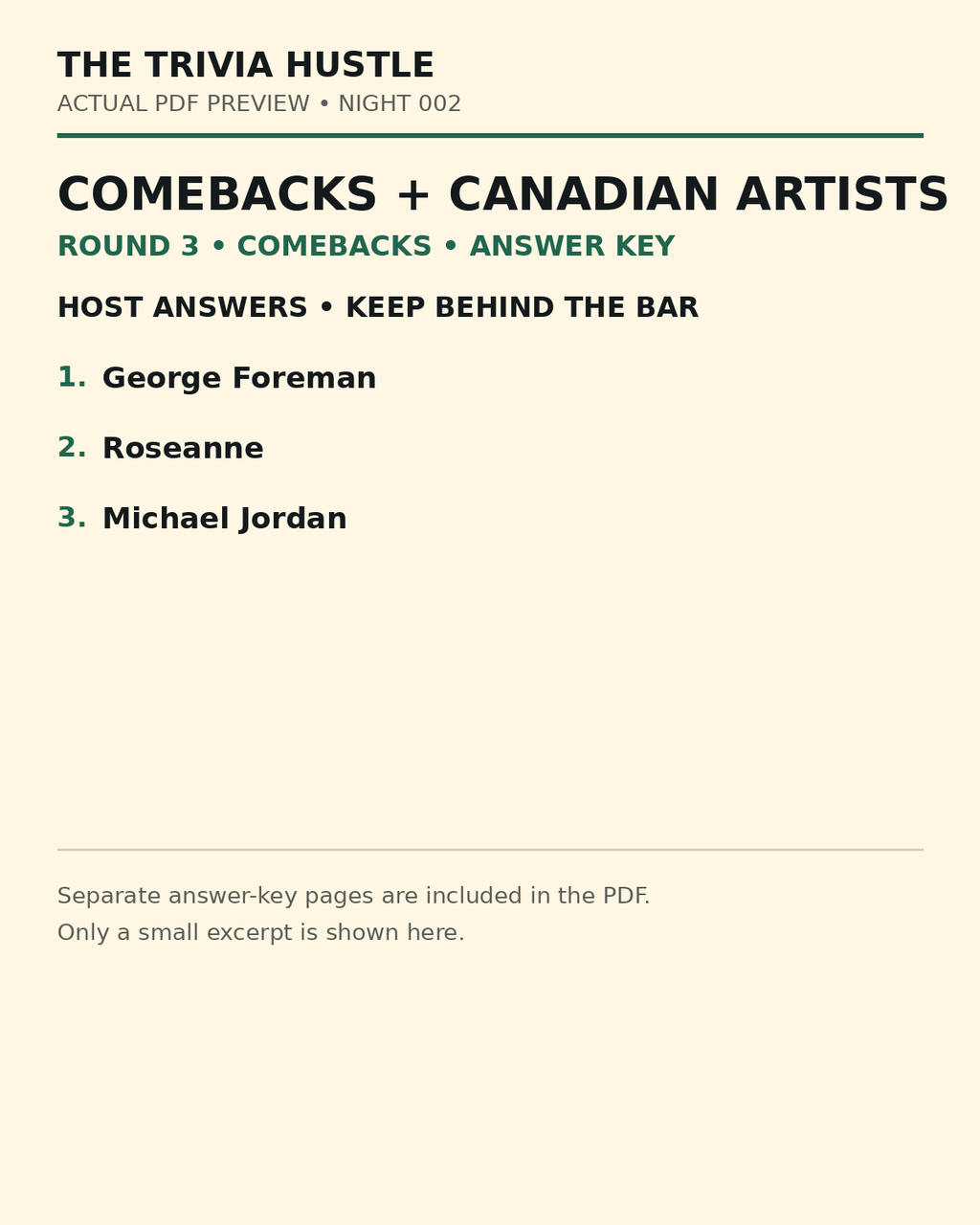 Night 002 actual PDF preview — Comebacks answers 1–3