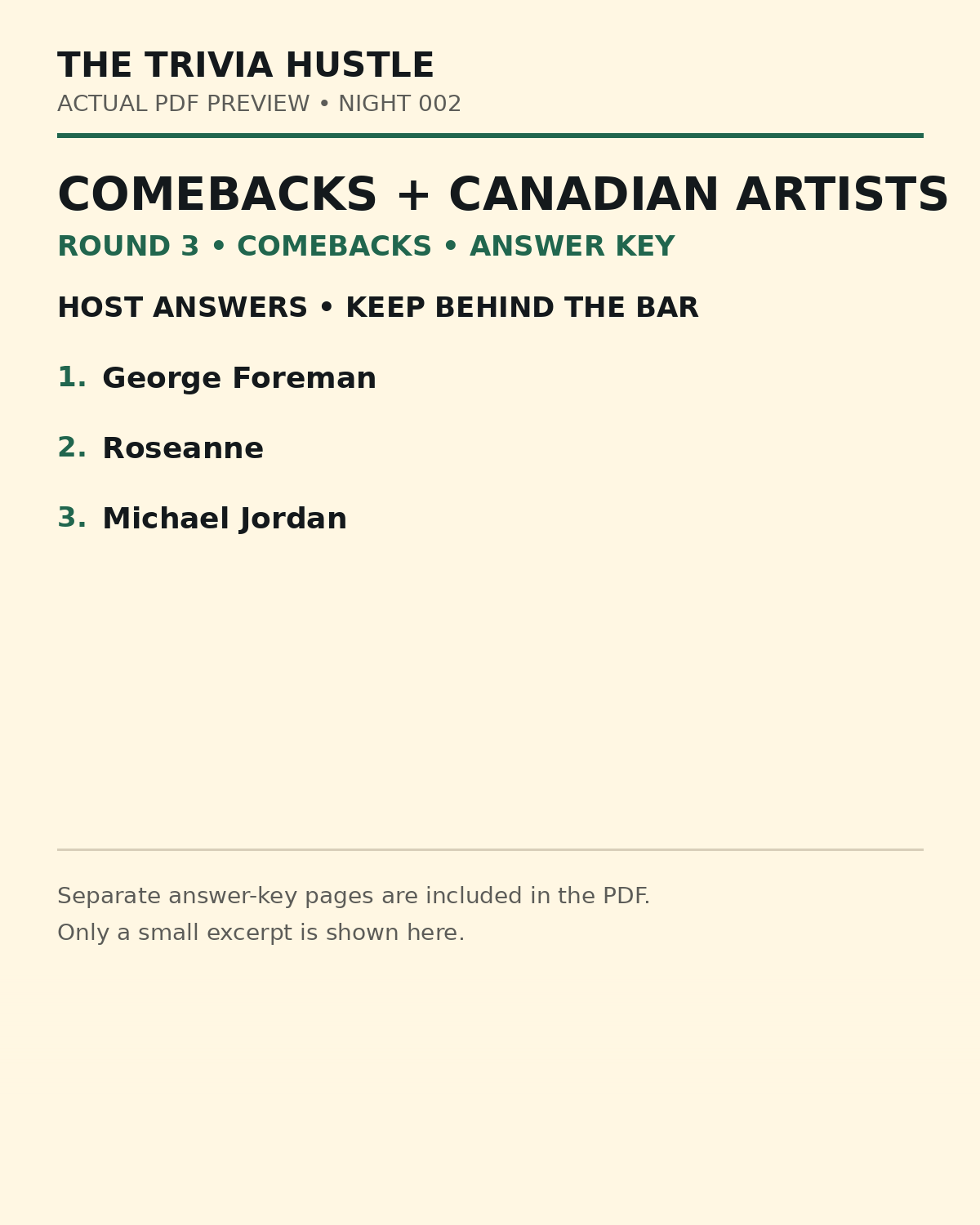 Night 002 actual PDF preview — Comebacks answers 1–3
