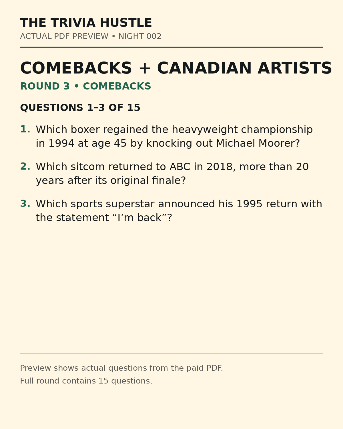 Night 002 actual PDF preview — Comebacks questions 1–3