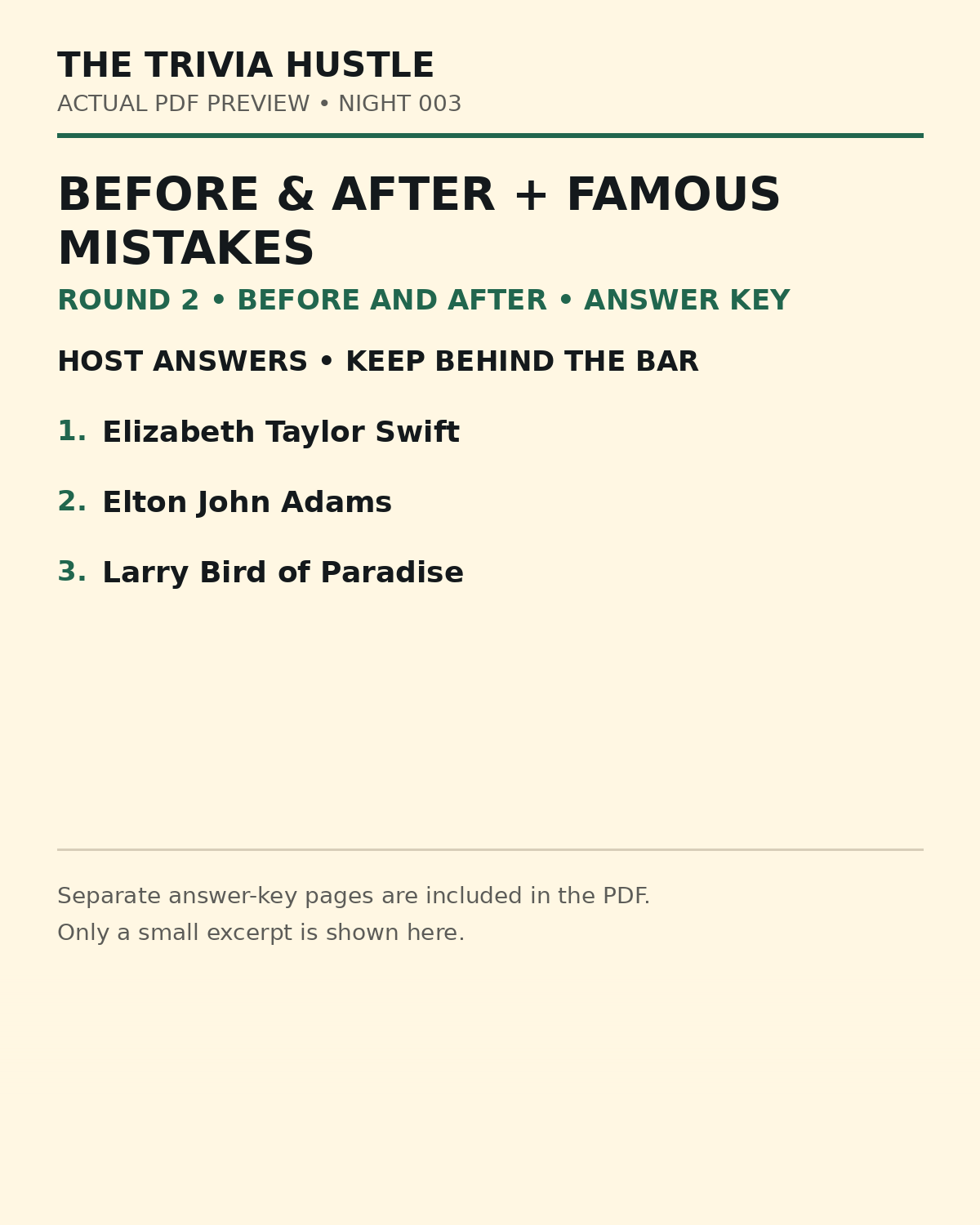 Night 003 actual PDF preview — Before and After answers 1–3
