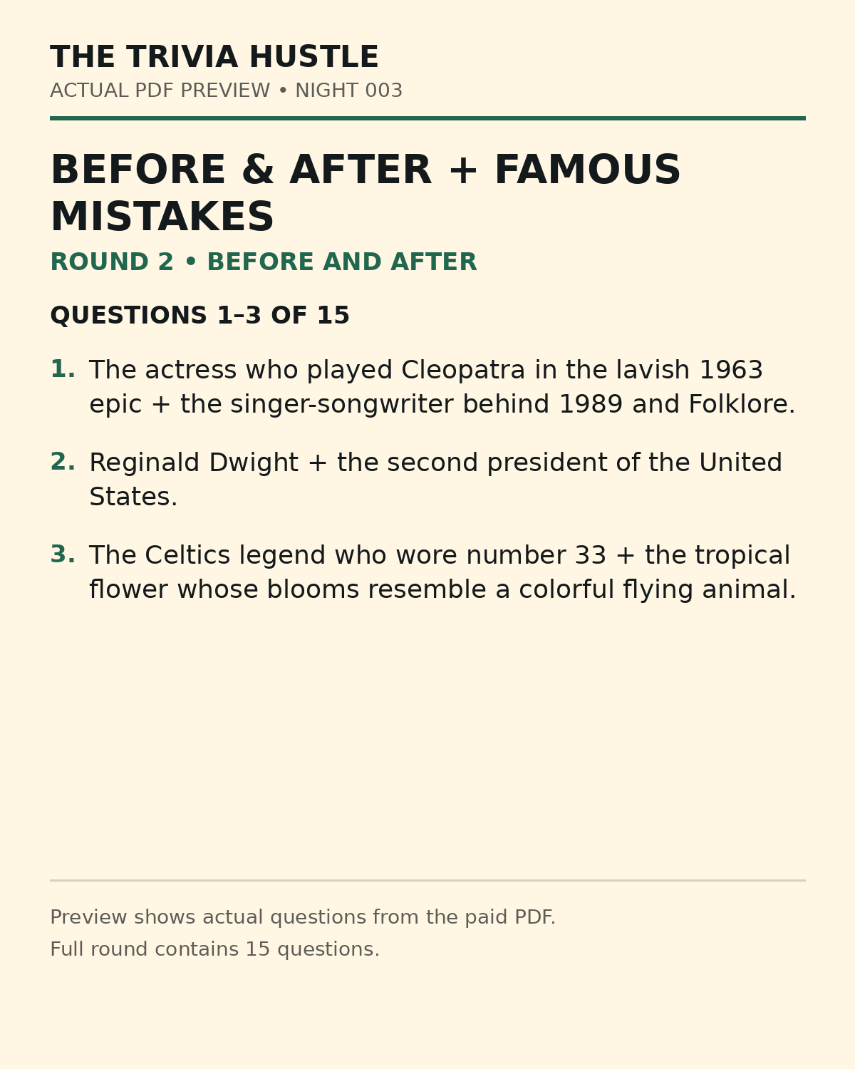 Night 003 actual PDF preview — Before and After questions 1–3
