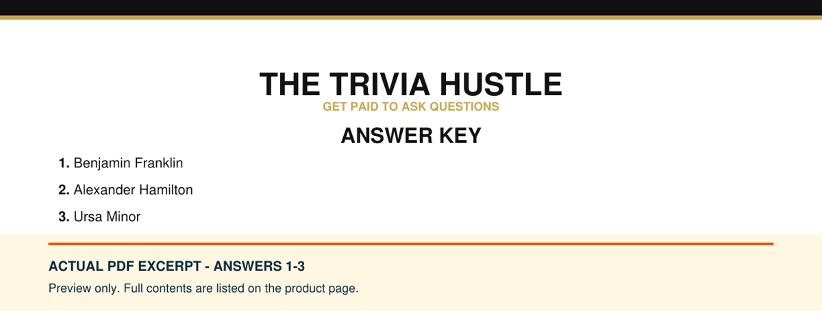 Actual PDF answers 1–3 excerpt: FREE Sample Trivia Round — 15 Questions From a Working Host (source page 2).