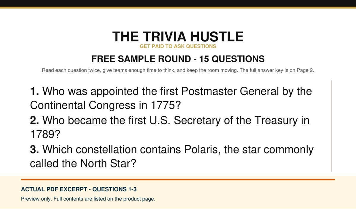 Actual PDF questions 1–3 excerpt: FREE Sample Trivia Round — 15 Questions From a Working Host (source page 1).