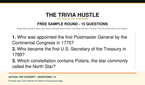 Actual PDF questions 1–3 excerpt: FREE Sample Trivia Round — 15 Questions From a Working Host (source page 1).