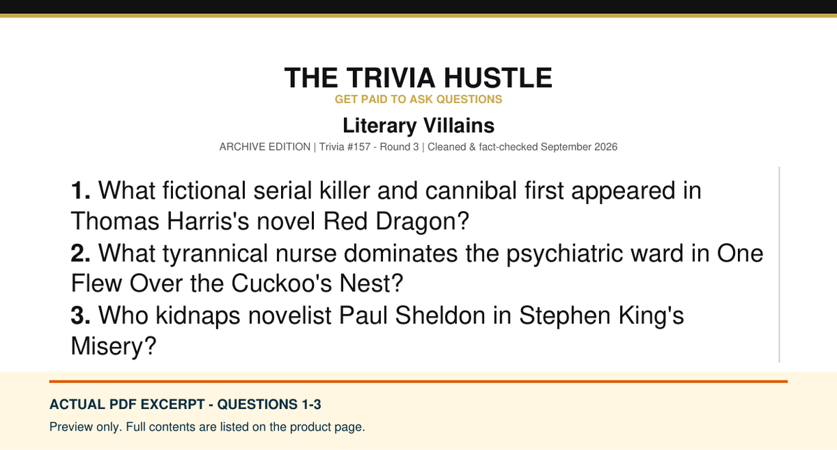 Actual PDF questions 1–3 excerpt: Archive Round: Literary Villains (source page 1).