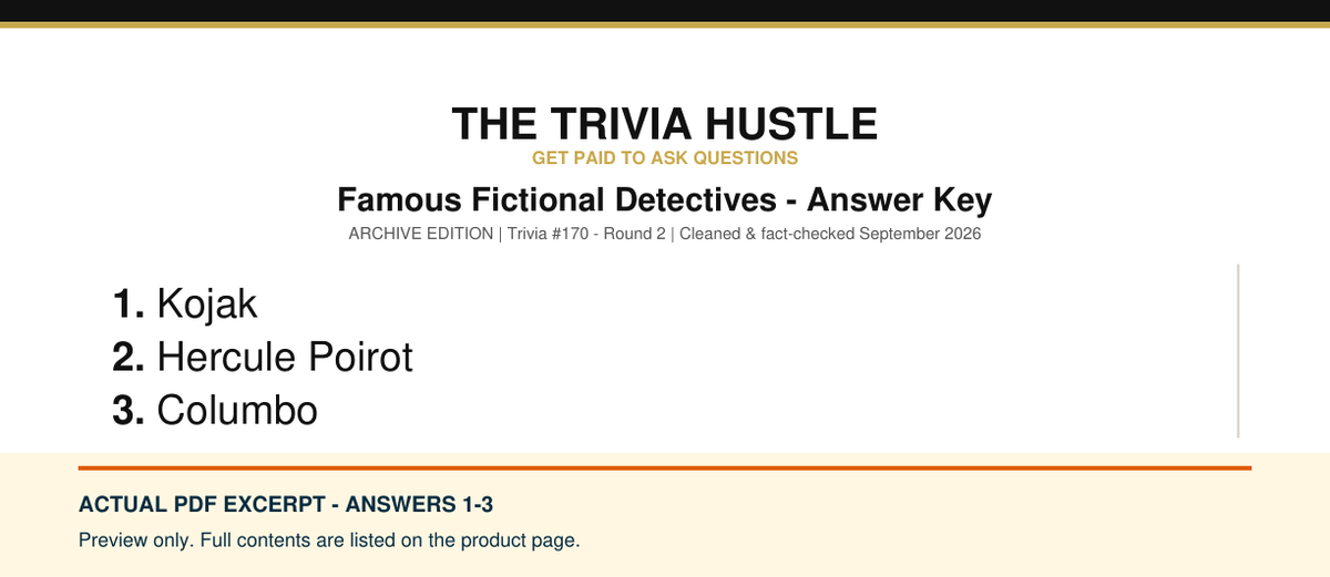 Actual PDF answers 1–3 excerpt: Archive Round: Famous Fictional Detectives (source page 2).