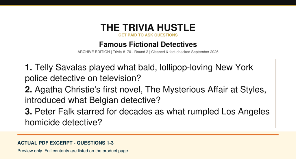 Actual PDF questions 1–3 excerpt: Archive Round: Famous Fictional Detectives (source page 1).