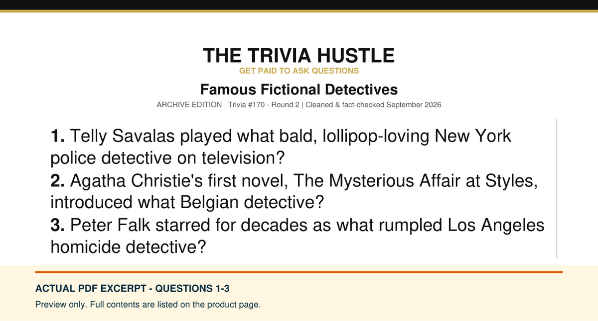 Actual PDF questions 1–3 excerpt: Archive Round: Famous Fictional Detectives (source page 1).