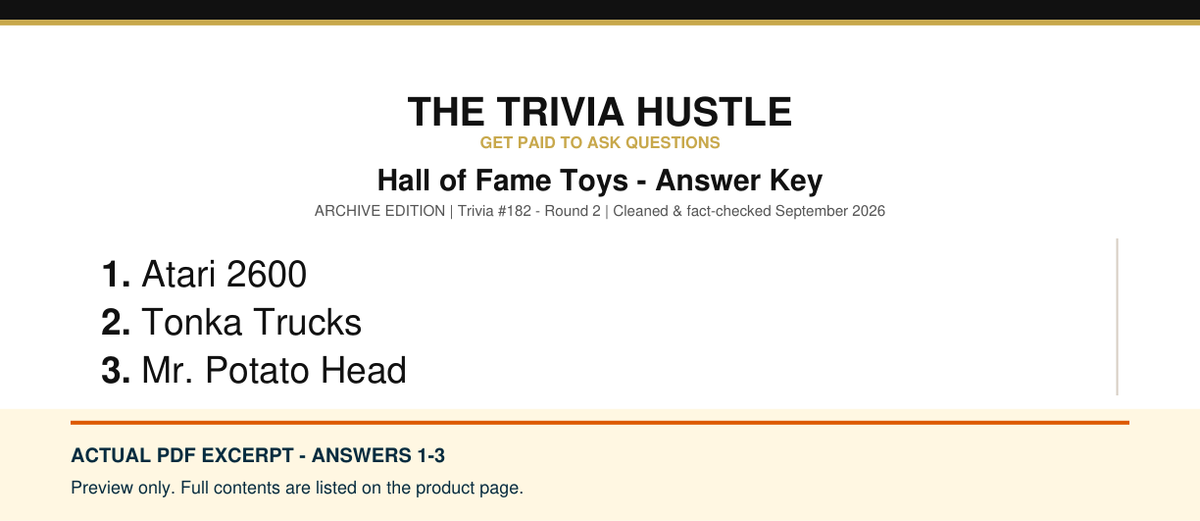 Actual PDF answers 1–3 excerpt: Archive Round: Hall of Fame Toys (source page 2).