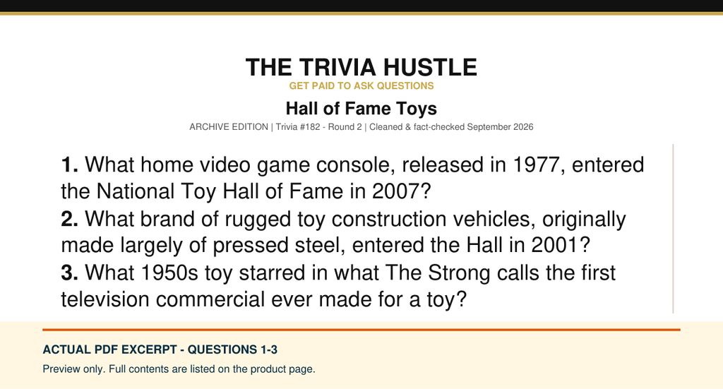 Actual PDF questions 1–3 excerpt: Archive Round: Hall of Fame Toys (source page 1).
