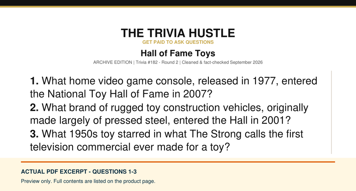Actual PDF questions 1–3 excerpt: Archive Round: Hall of Fame Toys (source page 1).