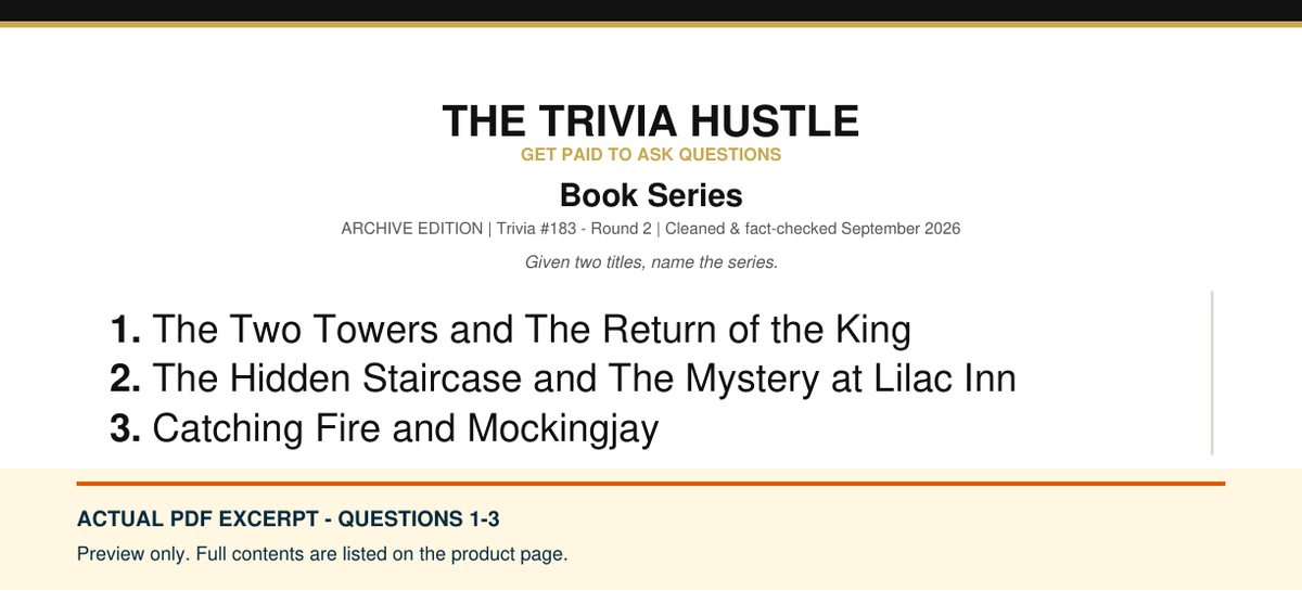 Actual PDF questions 1–3 excerpt: Archive Two-Round Pack: Books & Bad Guys (source page 1).