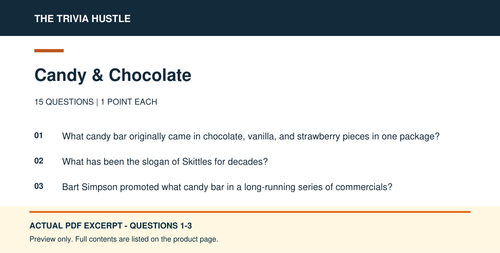 Actual PDF questions 1–3 excerpt: Archive Round: Candy & Chocolate (source page 2).