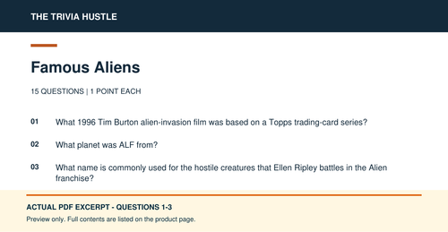 Actual PDF questions 1–3 excerpt: Archive Round: Famous Aliens (source page 2).