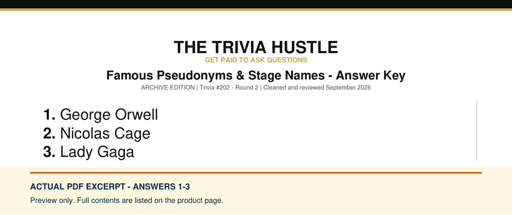 Actual PDF answers 1–3 excerpt: Archive Round: Famous Pseudonyms & Stage Names (source page 2).