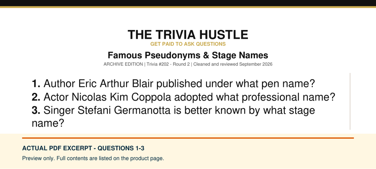 Actual PDF questions 1–3 excerpt: Archive Round: Famous Pseudonyms & Stage Names (source page 1).
