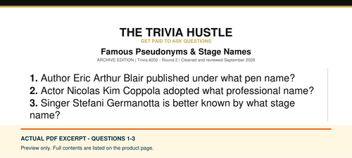 Actual PDF questions 1–3 excerpt: Archive Round: Famous Pseudonyms & Stage Names (source page 1).