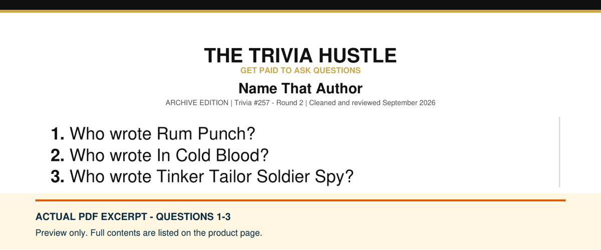Actual PDF questions 1–3 excerpt: Archive Round: Name That Author (source page 1).