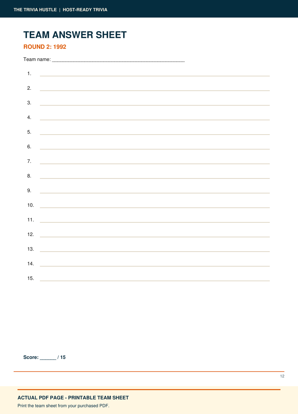 Actual PDF team answer sheet: Night 006: 1992 + July Birthdays (source page 12).