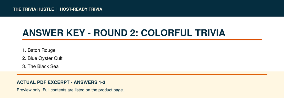 Actual PDF answers 1–3 excerpt: Night 007: Colorful Trivia + American History (source page 8).