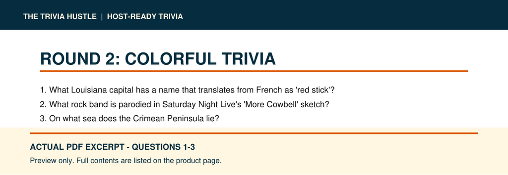 Actual PDF questions 1–3 excerpt: Night 007: Colorful Trivia + American History (source page 4).