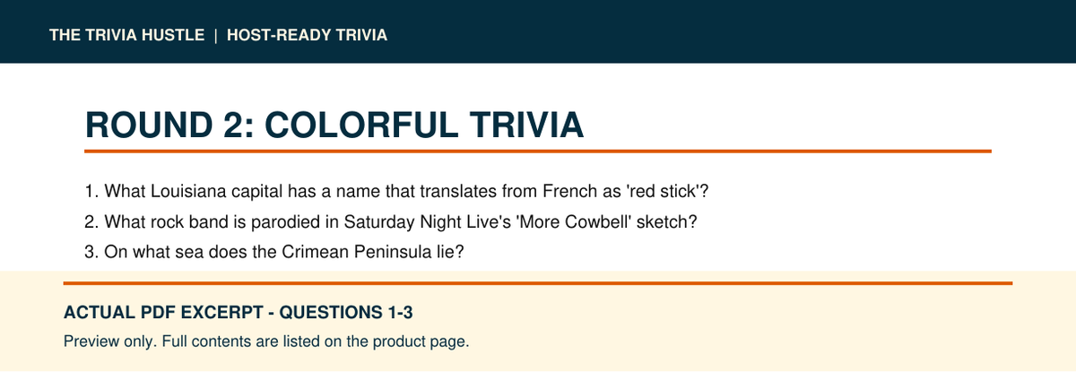 Actual PDF questions 1–3 excerpt: Night 007: Colorful Trivia + American History (source page 4).