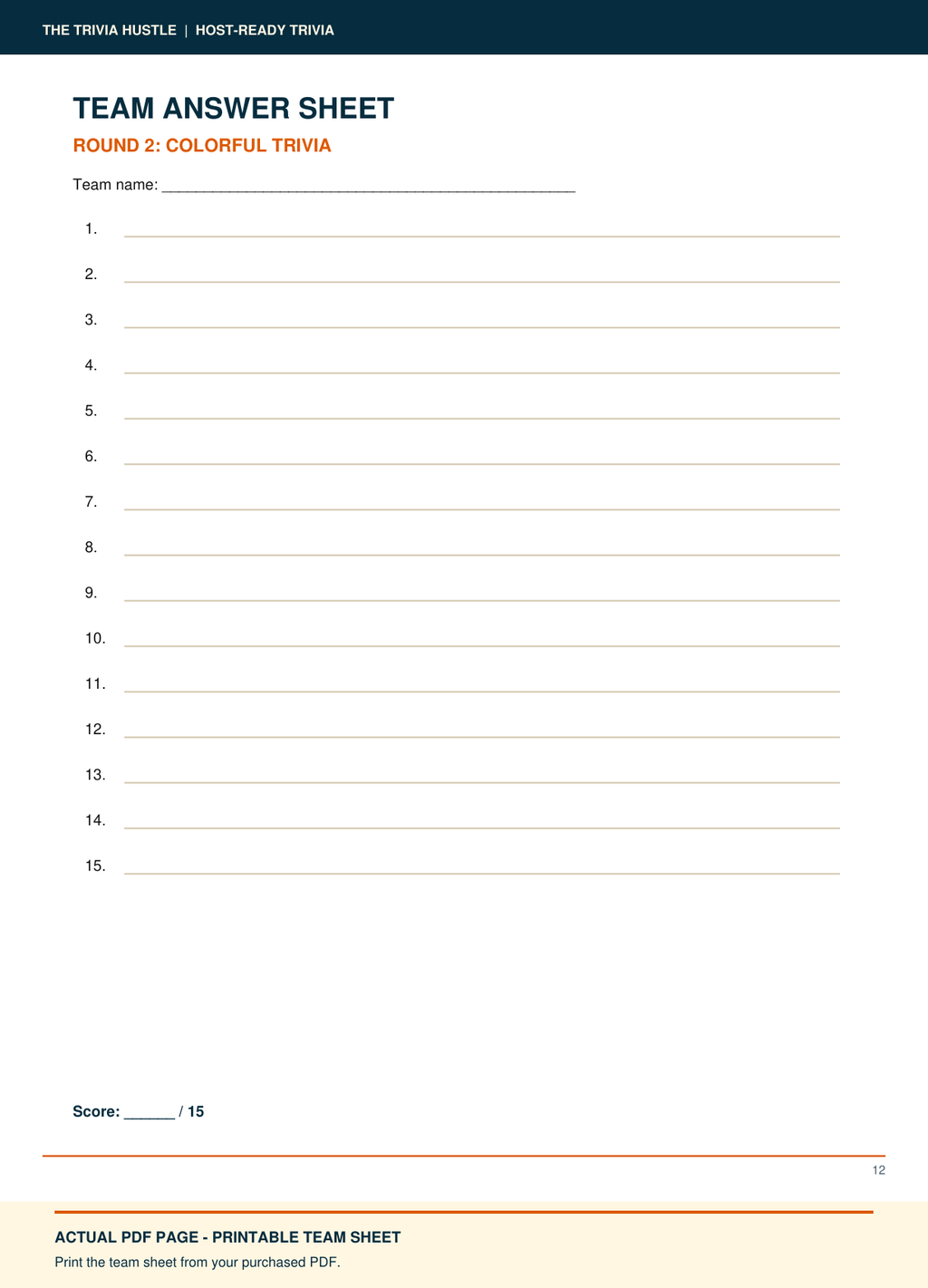 Actual PDF team answer sheet: Night 007: Colorful Trivia + American History (source page 12).