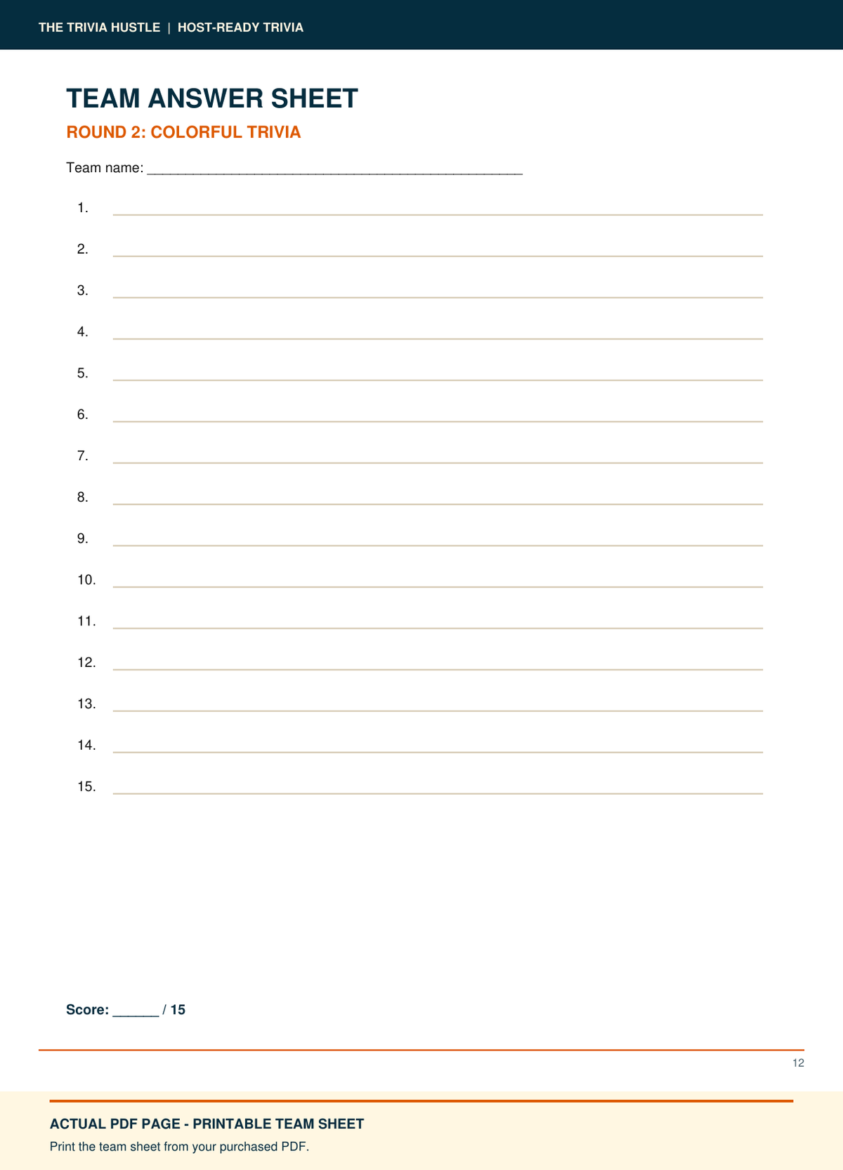 Actual PDF team answer sheet: Night 007: Colorful Trivia + American History (source page 12).