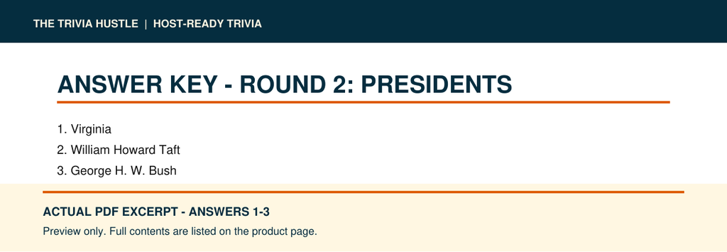 Actual PDF answers 1–3 excerpt: Night 008: Presidents + Famous Pairs (source page 8).