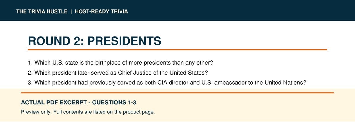 Actual PDF questions 1–3 excerpt: Night 008: Presidents + Famous Pairs (source page 4).