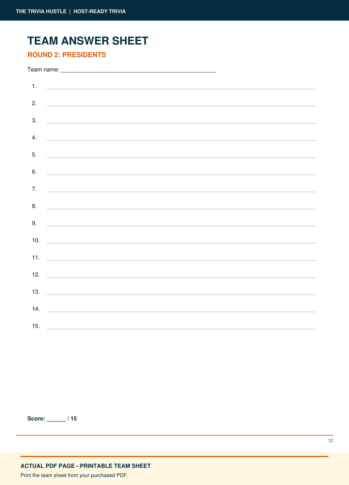 Actual PDF team answer sheet: Night 008: Presidents + Famous Pairs (source page 12).