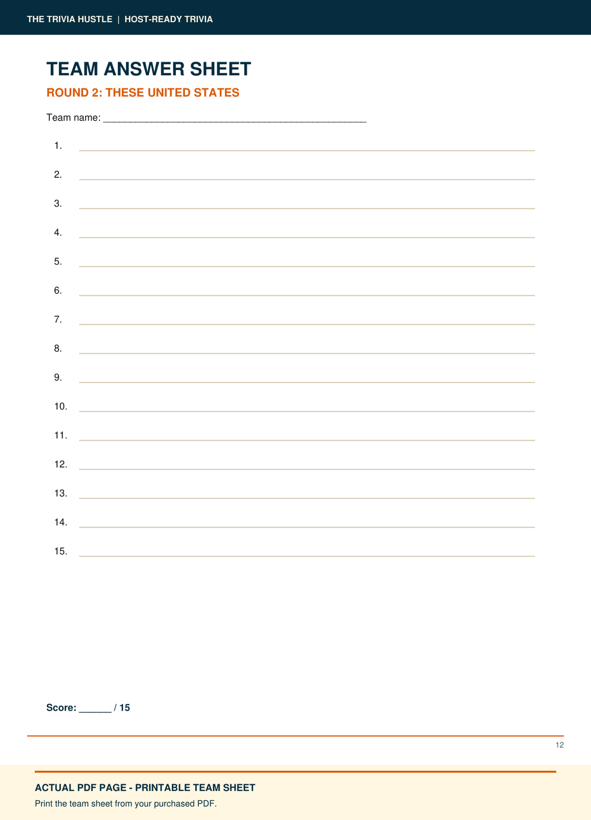 Actual PDF team answer sheet: Night 009: These United States + The 1980s (source page 12).