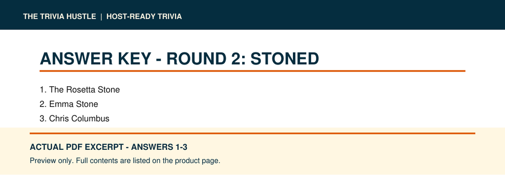 Actual PDF answers 1–3 excerpt: Night 010: Stoned + Club Trivia (source page 8).
