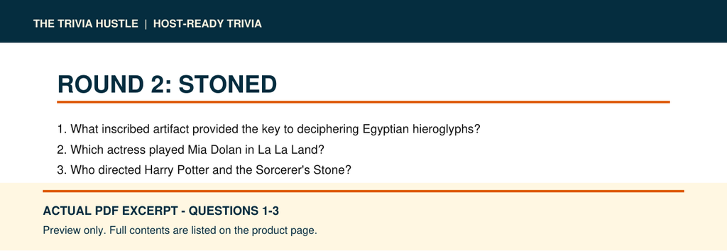 Actual PDF questions 1–3 excerpt: Night 010: Stoned + Club Trivia (source page 4).
