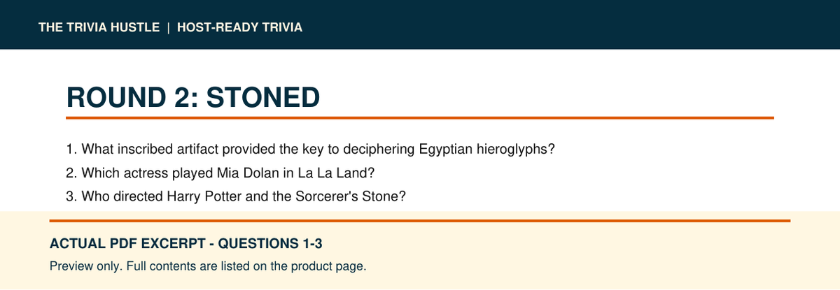 Actual PDF questions 1–3 excerpt: Night 010: Stoned + Club Trivia (source page 4).