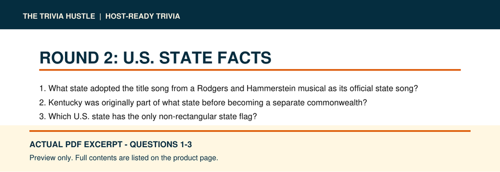 Actual PDF questions 1–3 excerpt: Night 011: U.S. State Facts + Movie Taglines (source page 4).