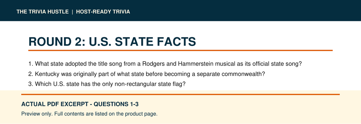 Actual PDF questions 1–3 excerpt: Night 011: U.S. State Facts + Movie Taglines (source page 4).