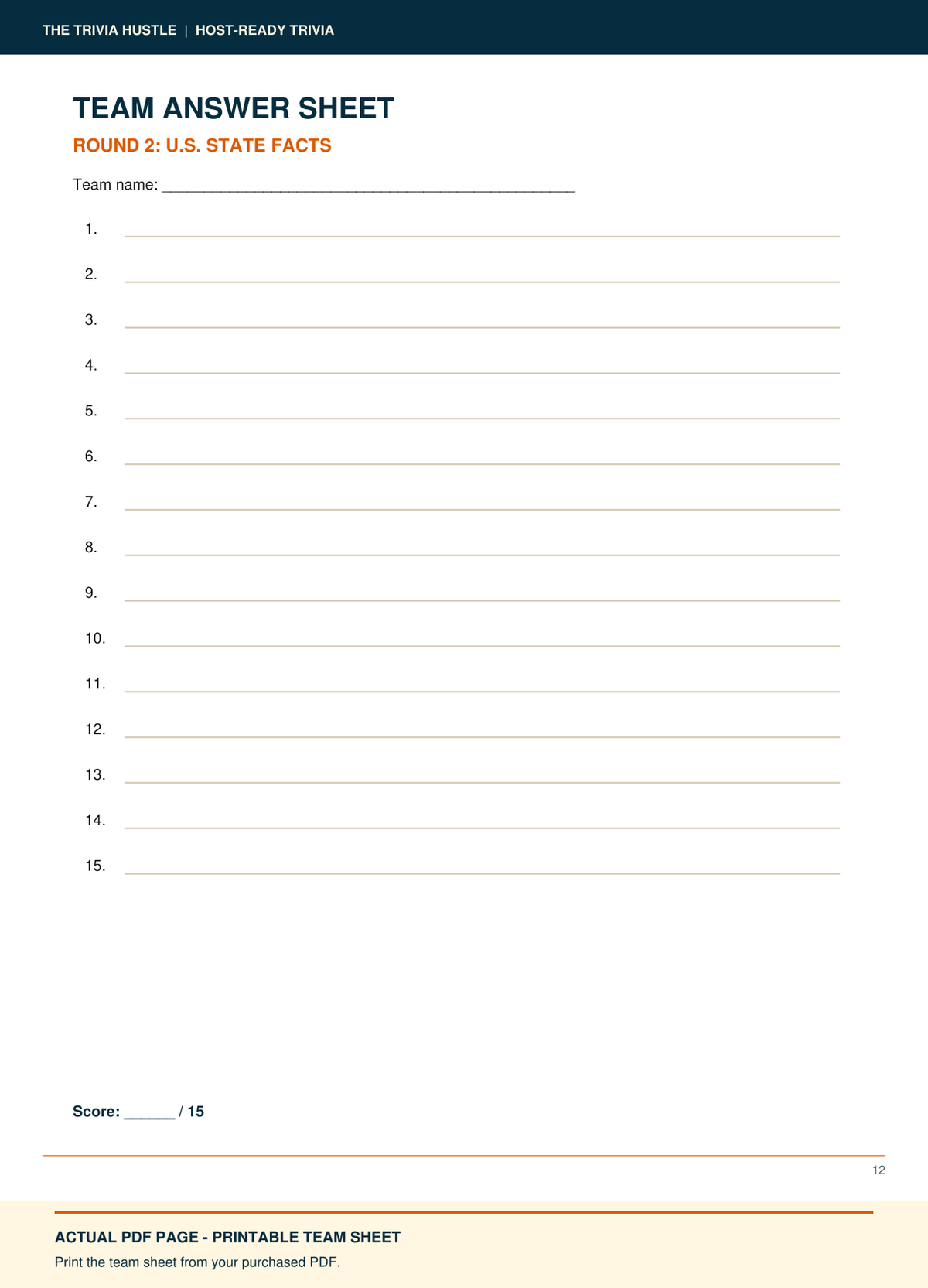 Actual PDF team answer sheet: Night 011: U.S. State Facts + Movie Taglines (source page 12).