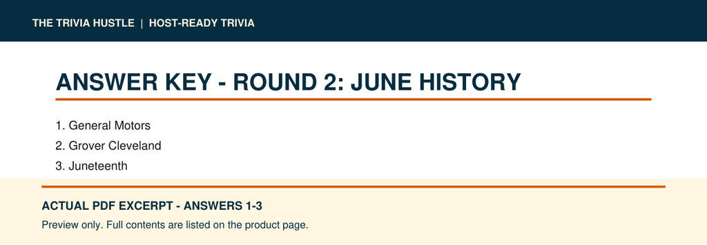 Actual PDF answers 1–3 excerpt: Night 013: June History + Name the Book (source page 8).