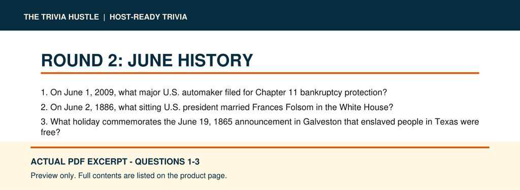 Actual PDF questions 1–3 excerpt: Night 013: June History + Name the Book (source page 4).