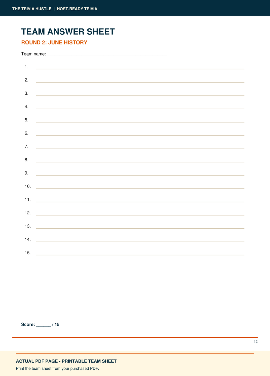 Actual PDF team answer sheet: Night 013: June History + Name the Book (source page 12).