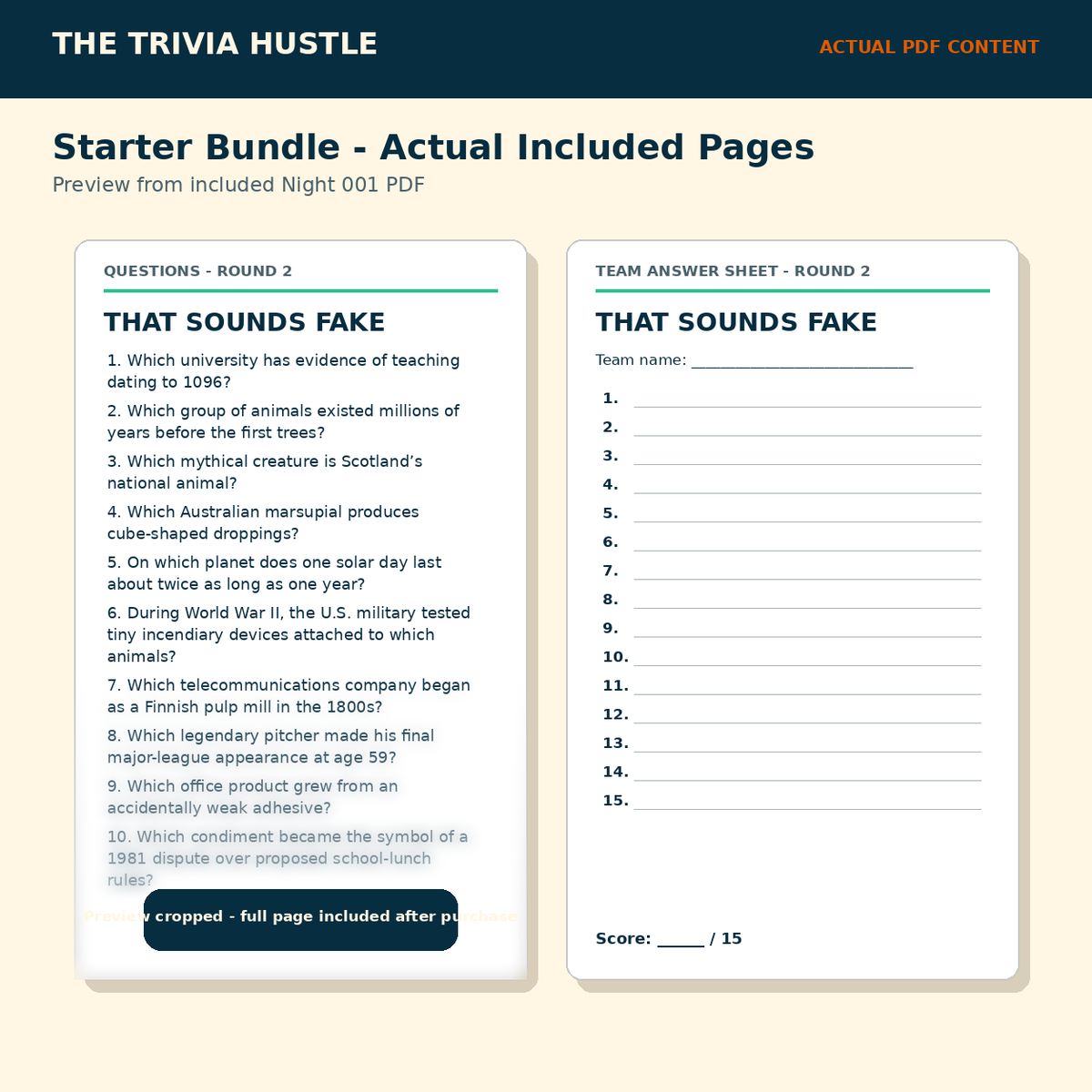 4-Night Starter Bundle actual included PDF content preview — Night 001 question page and team sheet