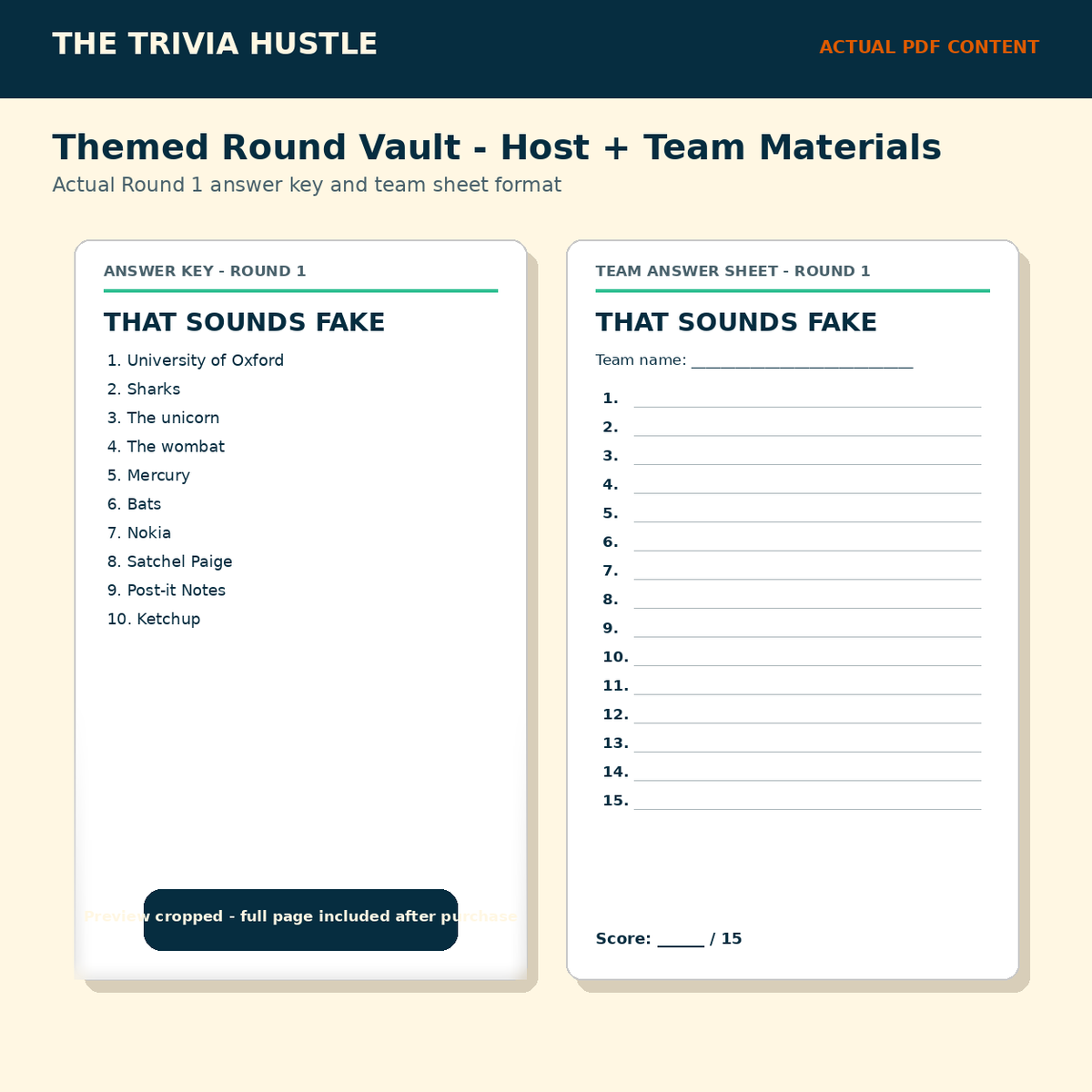 Themed Round Vault actual PDF content preview — answer key and printable team sheet